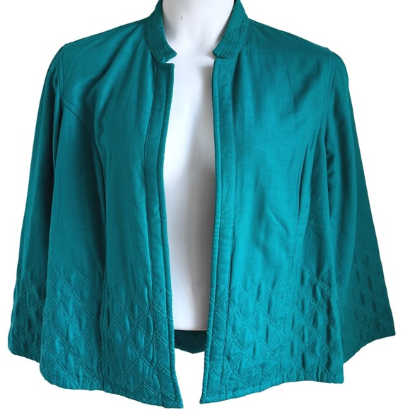 Chico's 3 Teal Quilted Embroidered Jacket Open Front Boho Fall Layering L/XL - Picture 1 of 4